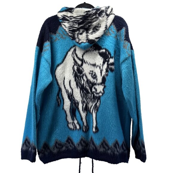 Vtg Bob Marley Tejidos Ruminahui Sweater Jacket XL Wool Blue Black Buffalo Zip - Picture 2 of 9